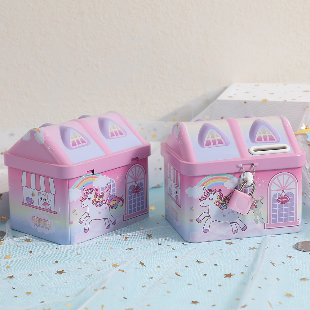 Cross-border new dreamy castle piggy bank, children's cartoon unicorn with lock, iron piggy bank, loose change storage box details Picture