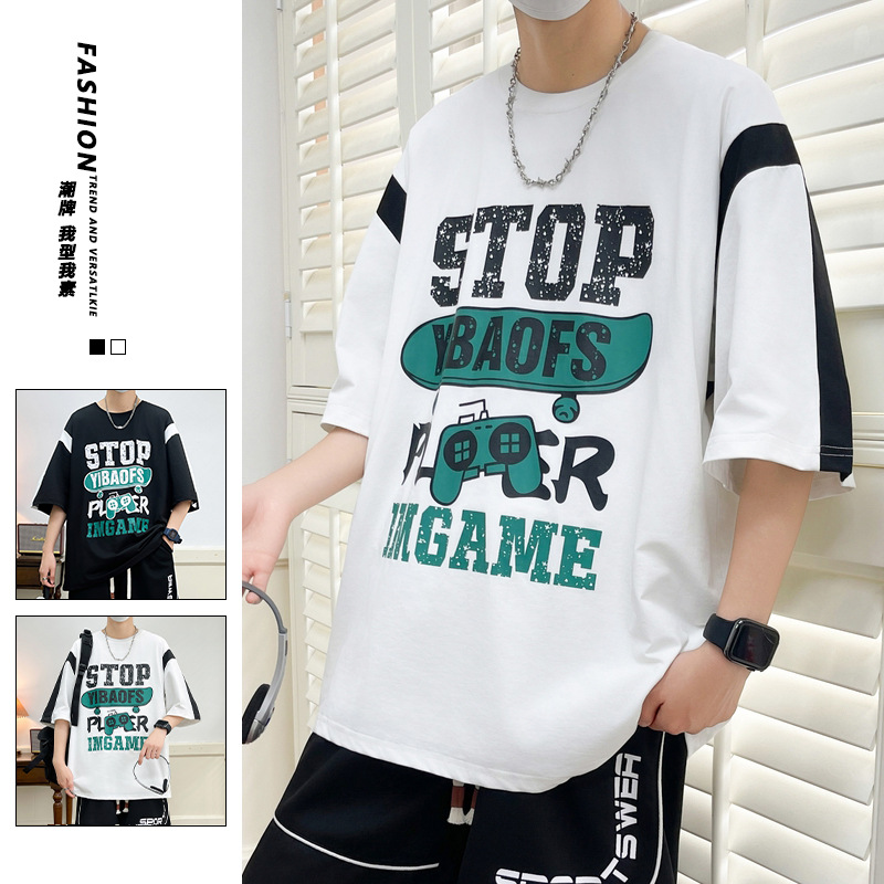 Men's short-sleeved T-shirt with a round neck, a trendy Instagram brand, a loose half-sleeve summer new style T-shirt, short-sleeved top for men details Picture