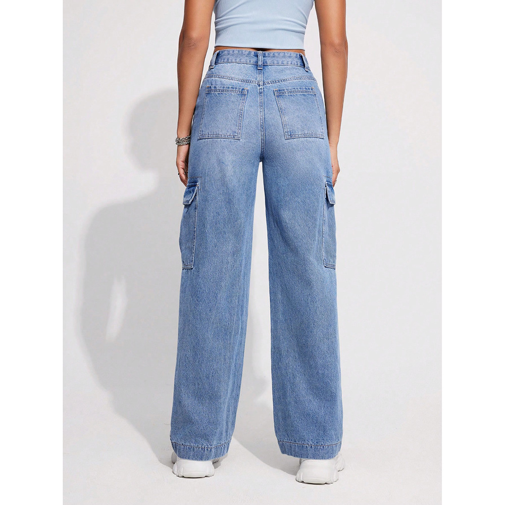 Wholesale cross-border European and American style flip-top large pocket work jeans for women, loose and casual straight-leg versatile long pants Specification image