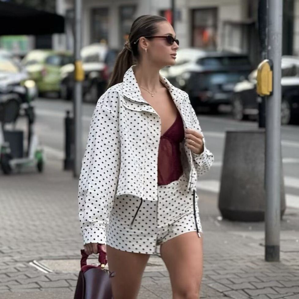 ZA AliExpress's best-selling cross-border European and American women's clothing polka dot jacket, coat and shorts set details Picture