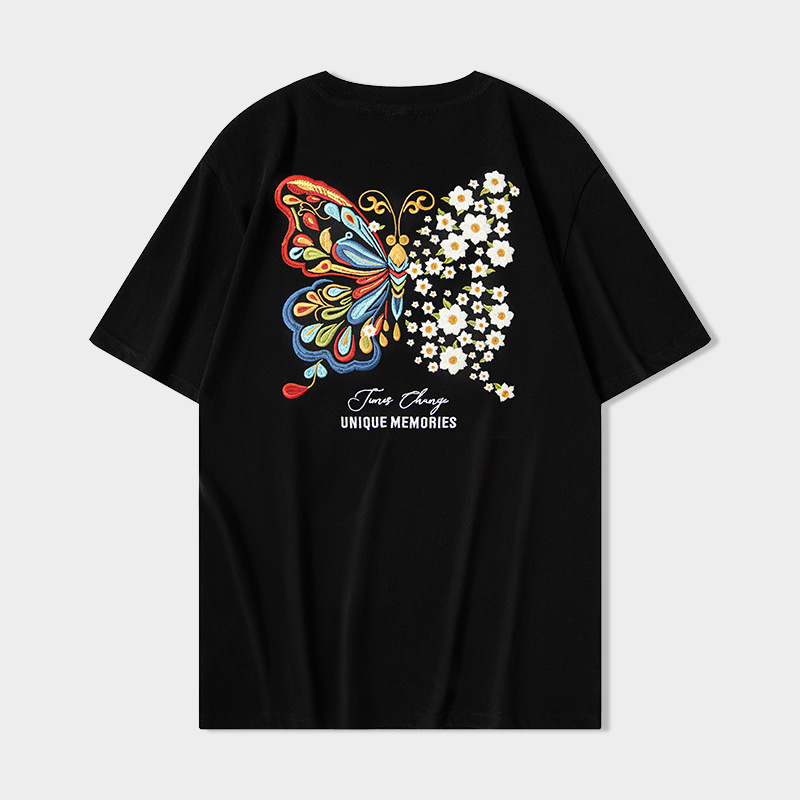 Men's and women's same style Chinese trend short-sleeved T-shirt, butterfly light change embroidery, Chinese style round neck, pure cotton loose, heavy half-sleeve Specification image