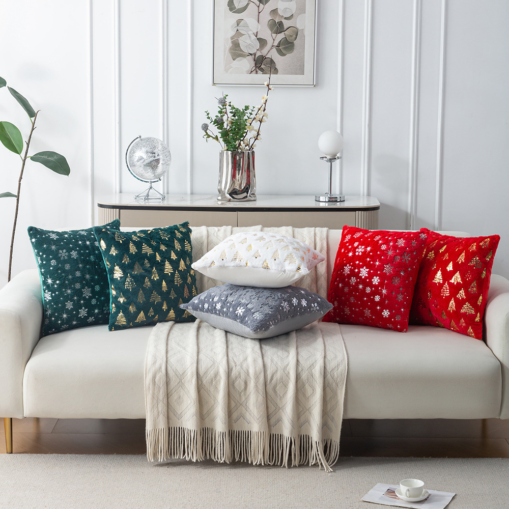 热销新款圣诞节烫金抱枕套圣诞树雪花烫银圣诞节日装饰抱枕靠垫