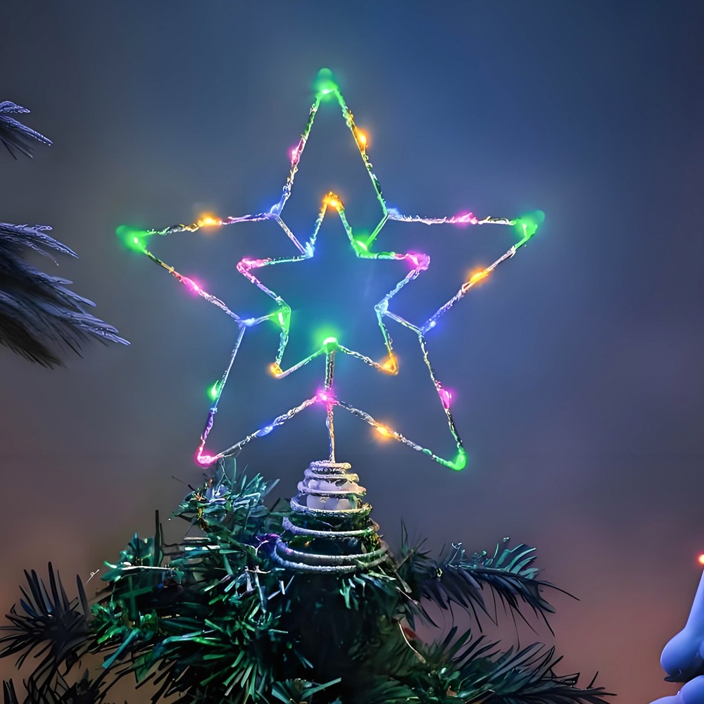 The new cross-border Christmas decoration, the tree top Star, creates an atmosphere. The ironwork light with a five-pointed star is sprinkled with powder and glows Specification image