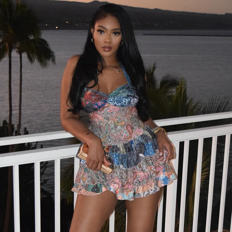 European and American cross-border fresh abstract printed ruffled A-line dress, strapless and backless short dress, casual and vacation women's clothing full figure