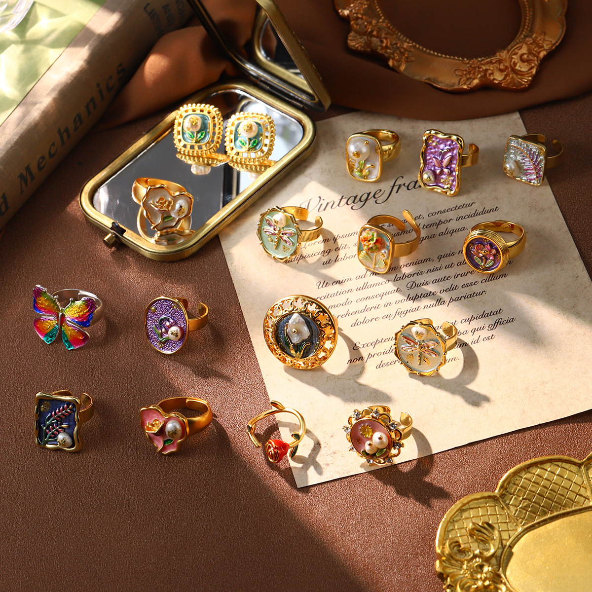 法式高级小众花卉手饰品滴油中古vintage玫瑰花天然珍珠高级戒指