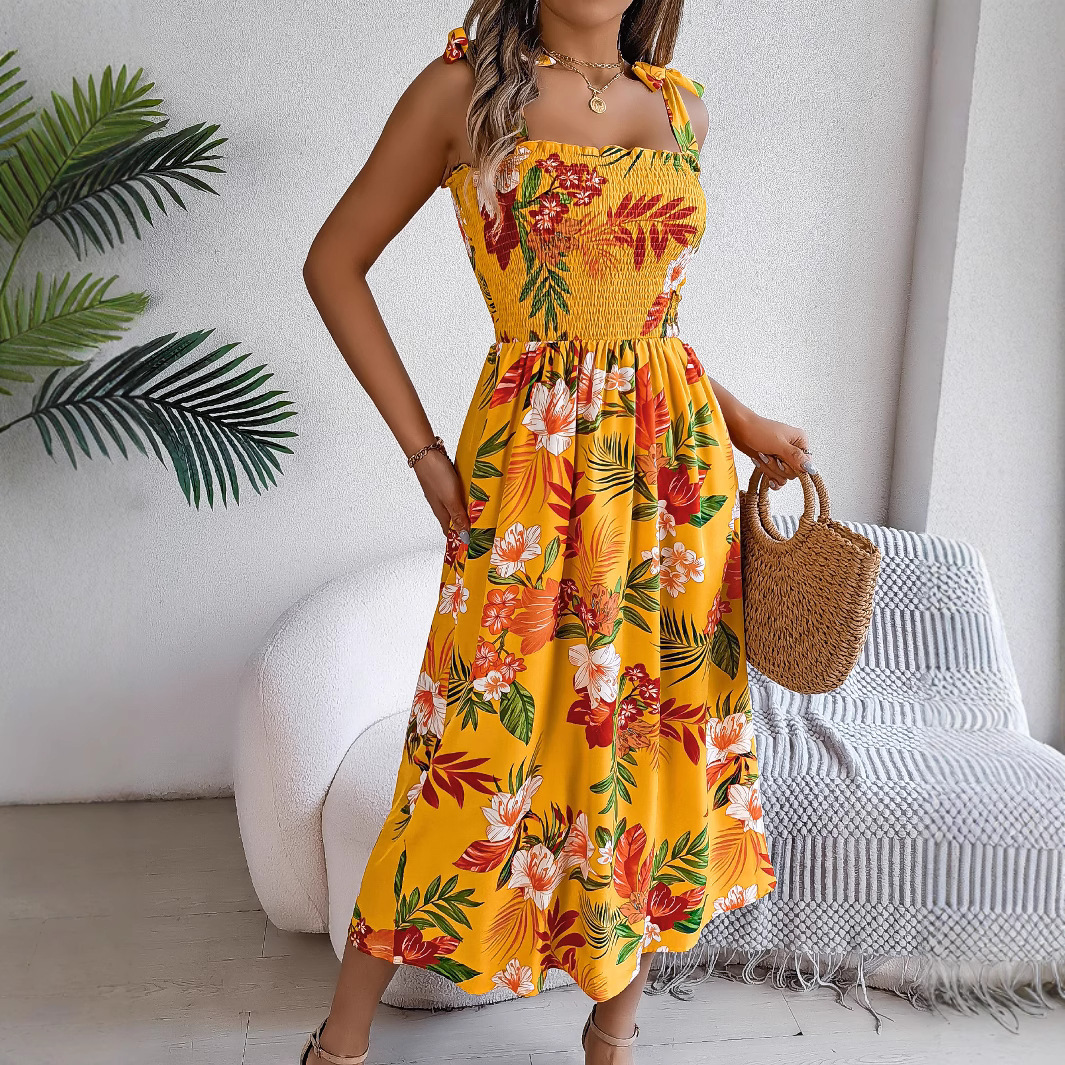 2026 European and American flower-tied waist-cinching halter dress, vacation beach long dress, women's backless design, artistic and retro style full figure