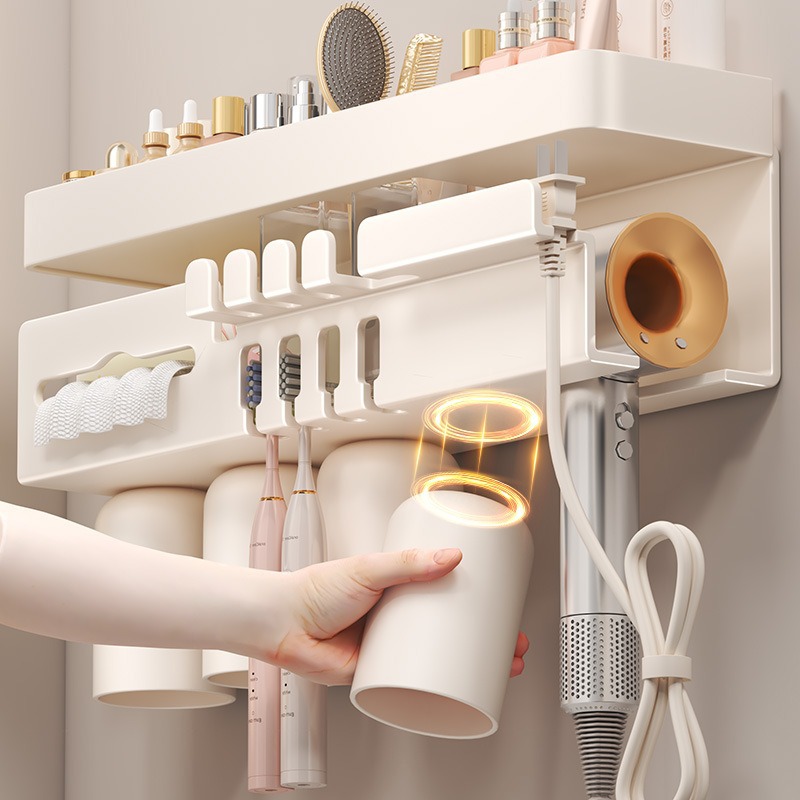 奶白磁吸牙刷置物架壁挂式免打孔洗漱口杯牙具卫生间牙杯牙刷架子