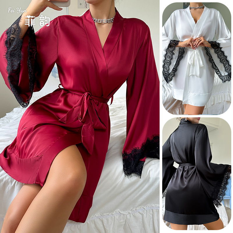 European and American cross-border sexy bathrobes, mid-style bathrobes, romantic pajamas, long-sleeved women's satin home wear wholesale 735