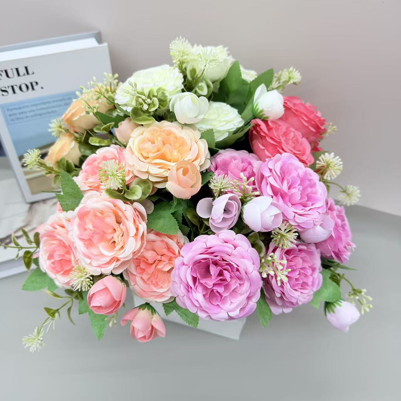 仿真花5头手把波玫瑰花假花婚礼布置家居酒店摄影道具外贸批发