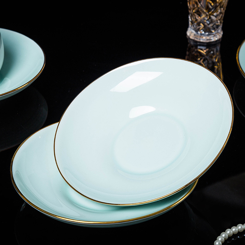 Shadow Celadon household gilded bowls, plates and tableware set, bone China bowls complete set gift box