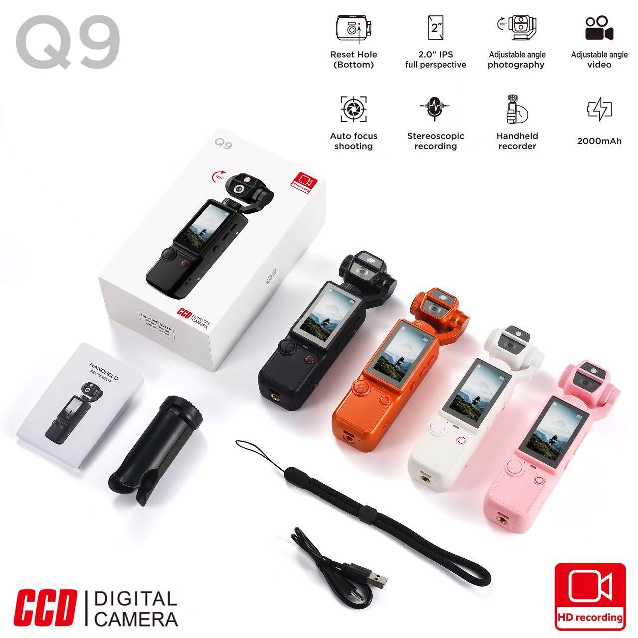 The new handheld camera Q9 cross-border outdoor action camera Q9 ultra-clear autofocus portable port for meeting recording