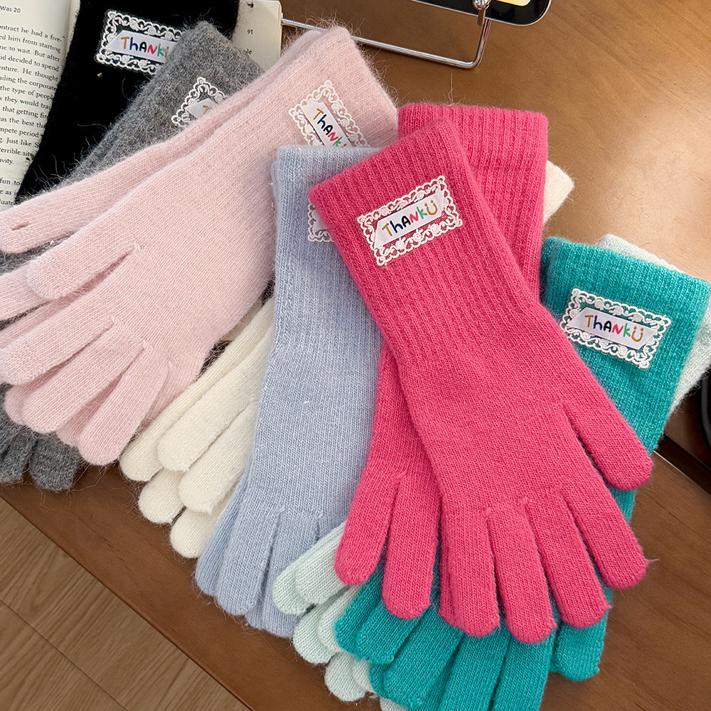 New solid-color, simple rabbit fur gloves for women, winter touch screen, thickened warm and cold-proof knitted gloves, student trend details Picture