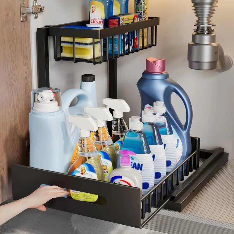 Wow, bathroom and kitchen pull-out sink, storage rack, slide rail cabinet, no need for drilling, layered seasoning storage rack Application Scenario
