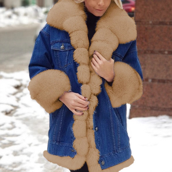 A large quantity of lazada cross-border, Amazon and wish cross-border women's fur integrated denim long-sleeved jackets Specification drawing