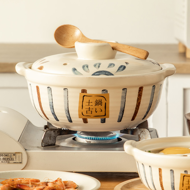 Japanese-style hand-painted soup pot with spodumene high-temperature resistant stew pot, dry-burning without cracking 煲仔饭 ceramic soup pot with lid, high-temperature resistant