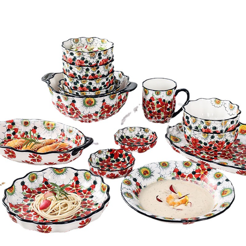 Red berry hand-painted underglaze colored ceramic bowls, plates and tableware, high appearance level bowl and plate set for home use Item Picture