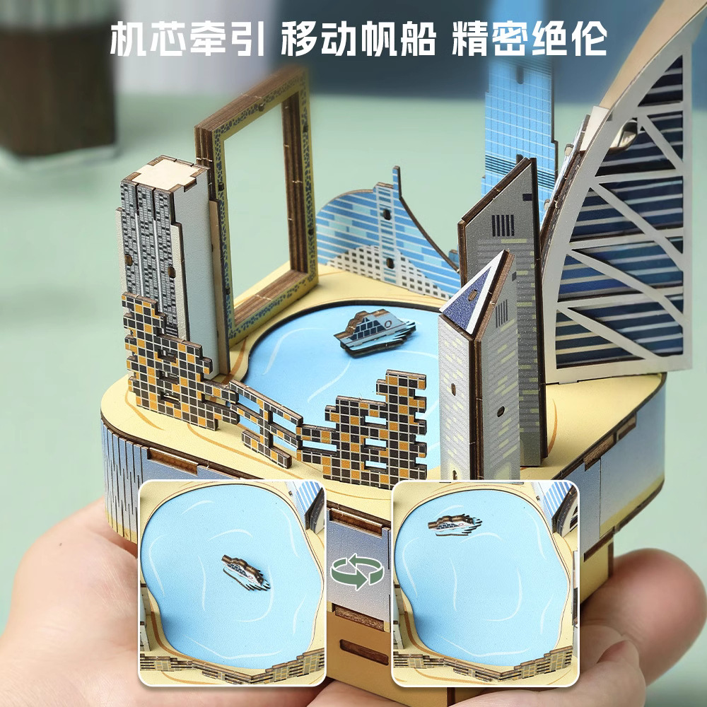 Cross-border best-selling DIY wooden jigsaw puzzles, 3D stereoscopic models, European and American architecture, music box assembly, educational toys and gifts details Picture