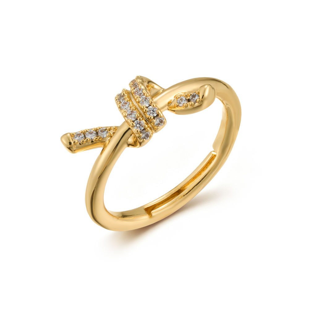 A new, elegant and versatile knotted design open ring made of copper alloy with micro-inlaid zircon, adjustable and high-end index finger ring Item Picture