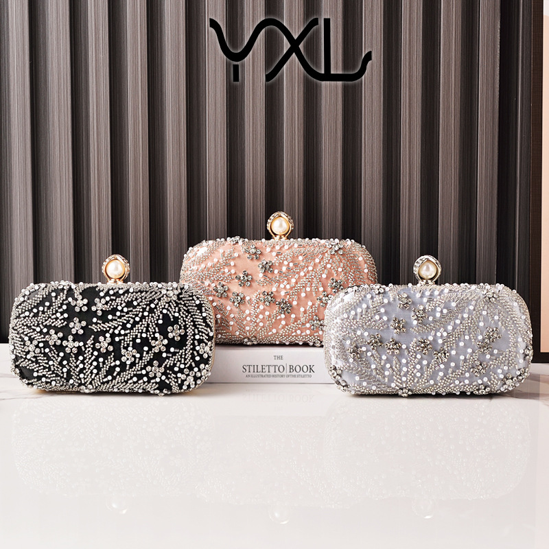 New cross-border beaded evening bag, embroidered diamond evening dress bag, party banquet bag, champagne-colored dress bag, bride bag details Picture