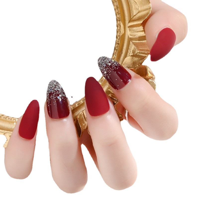 Cross-border exclusive flash pink color-blocking and dazzling nail art, 24 pieces of finished nail art, wearable detachable false nails Item Picture