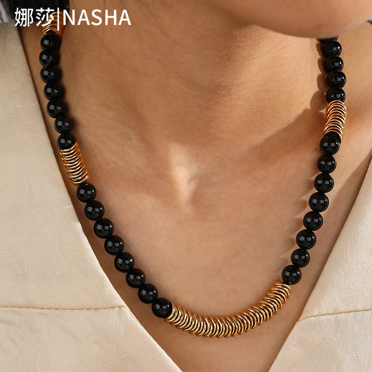 Nasha Cross-border Exclusive Tiger's Eye and Obsidian beaded necklace, a high-end trendy brand, versatile and neutral necklace