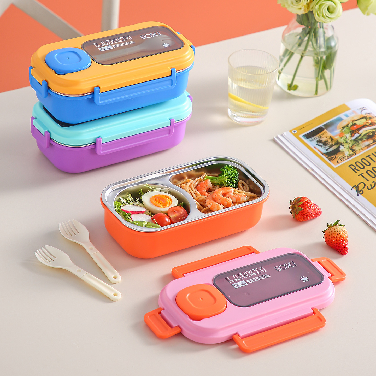 Caja de almuerzo transfronteriza estudiante trabajador de oficina caja de almuerzo conveniente acero inoxidable caja de bento split con caja de salsa en stock al por mayor