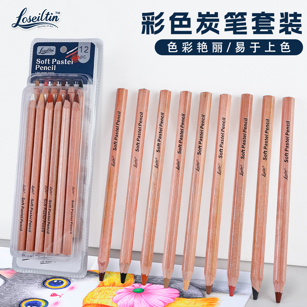 亚马逊12色彩色炭笔套装美术生专用手绘素描速写软性碳笔粉画铅笔