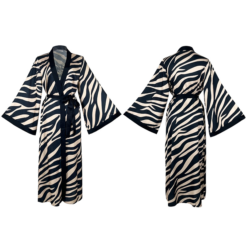 Feiyun French Silk lace-up Long Light Luxury Home wear, French retro zebra print long-sleeved bathrobe for women, 211 Item Picture