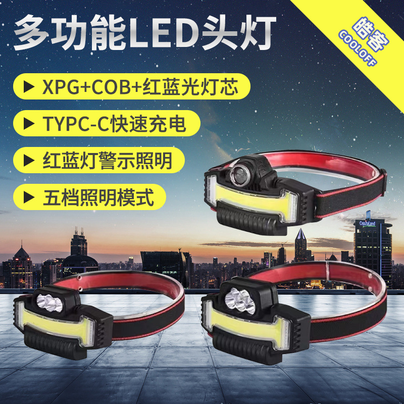 跨境LED+COB强光伸缩变焦头灯 多功能usb充电户外头灯夜钓灯