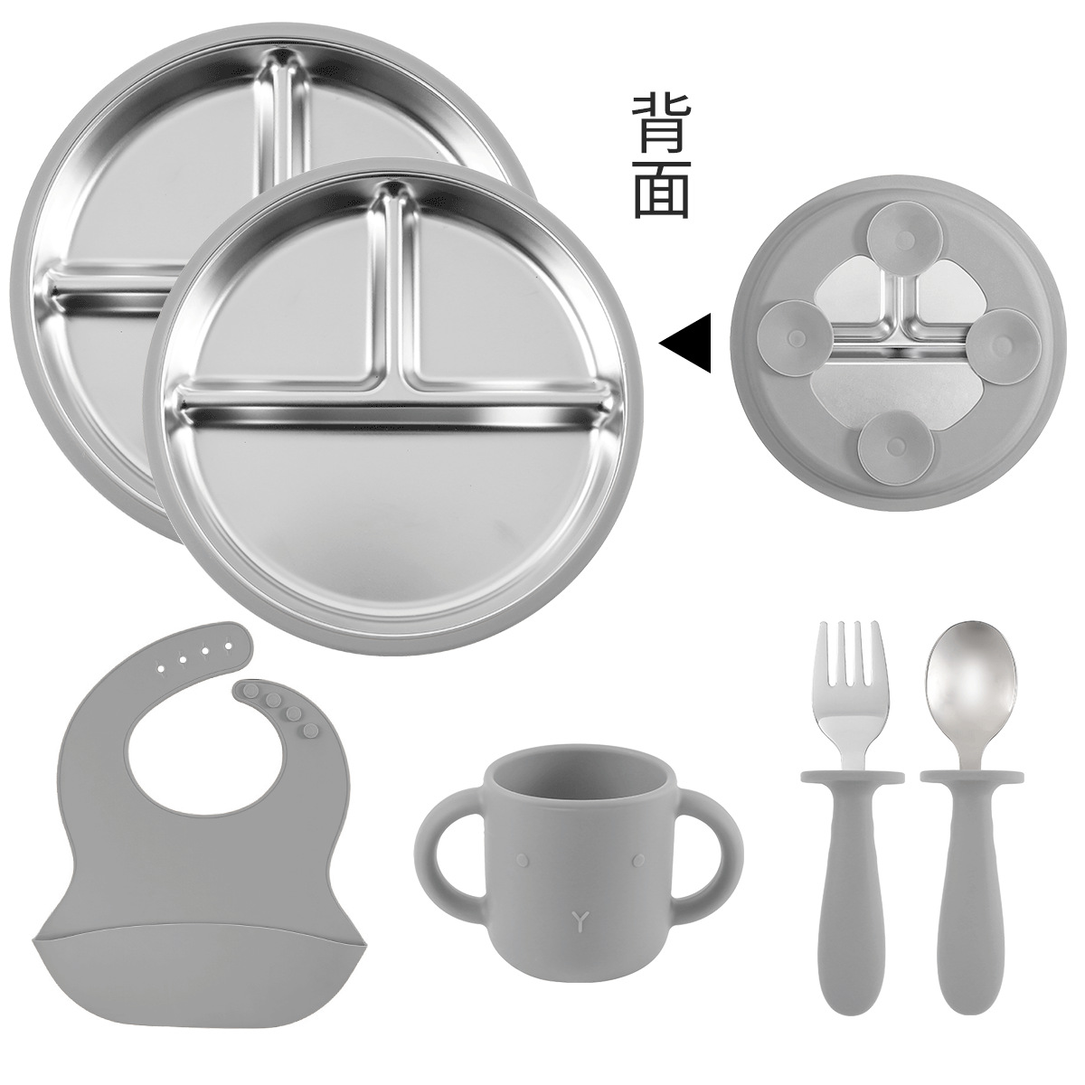 Cross-border baby plates, anti-drop 304 stainless steel compartments, silicone bowls, baby suction cup type children's tableware set Specification drawing