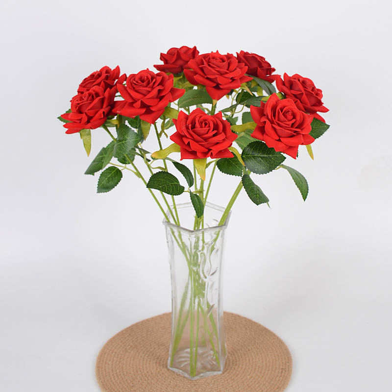 绒布单支玫瑰花情人节娟花家居摆件假花客厅餐桌插花干花摆设装饰