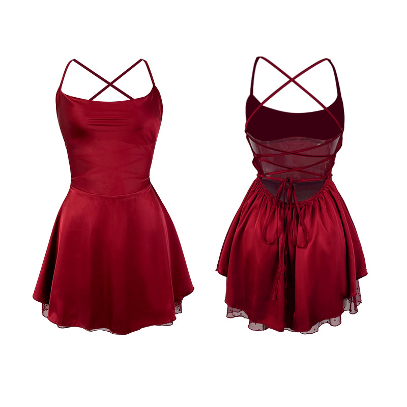 Temu's cross-border best-selling satin halter dress, backless cross-laced lace patchwork independent station home wear 840 Item Picture
