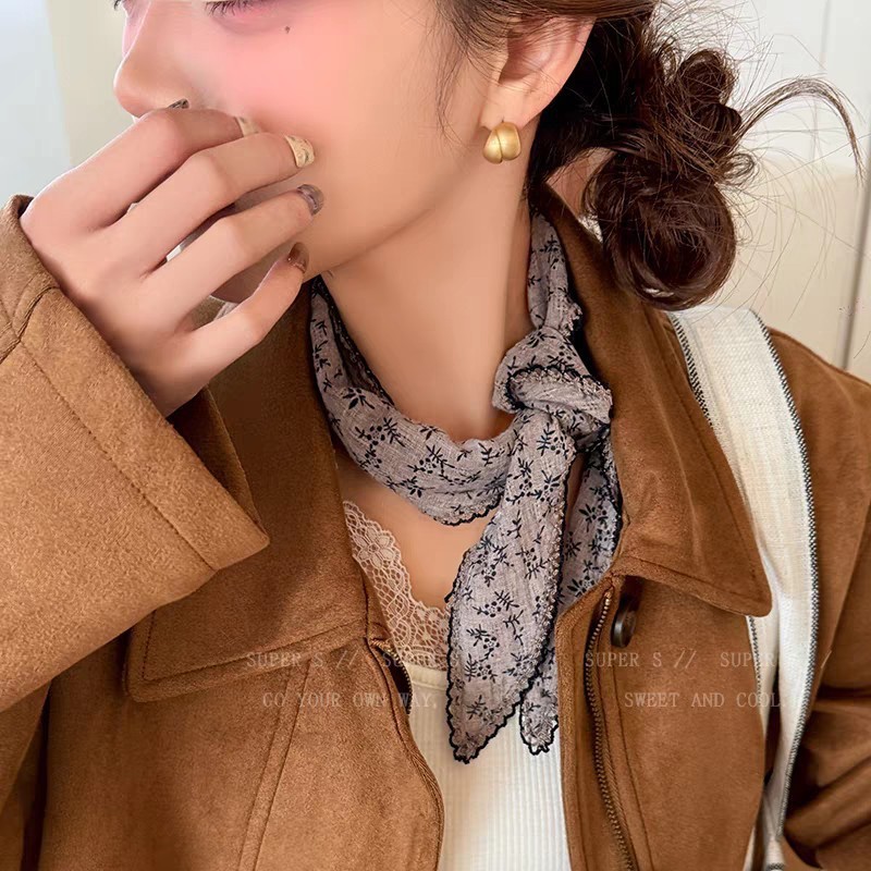 复古棉麻小碎花三角巾女春夏时尚文艺包头巾领巾气质系脖围巾配饰产品图