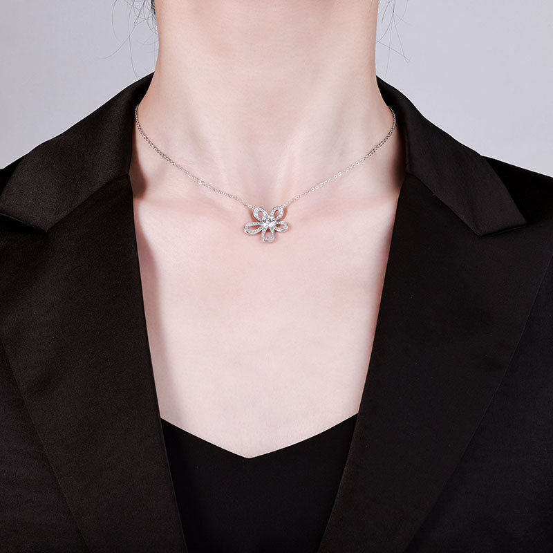 Silver light luxury, niche female full diamond sunflower collarbone chain, popular hollowed-out pendant, moissanite, pure silver camellia