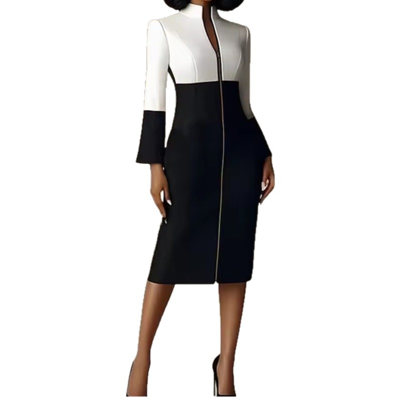 A new cross-border fashion, elegant and stylish black lapel casual long-sleeved single-breasted patchwork mid-length bandage dress Item Picture