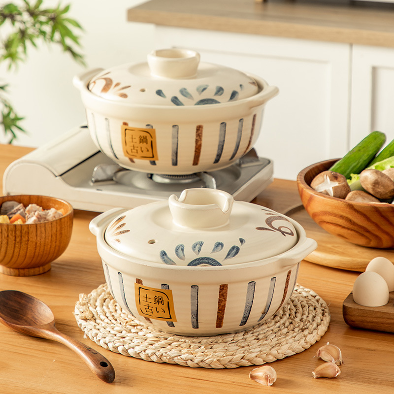 Japanese-style hand-painted soup pot with spodumene high-temperature resistant stew pot, dry-burning without cracking 煲仔饭 ceramic soup pot with lid, high-temperature resistant details Picture