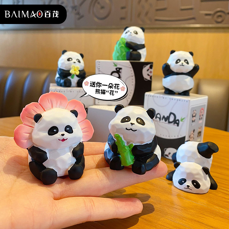 Baimao Original resin wood carving style panda ornaments, creative and exquisite panda flower home desktop decoration and display Specification image