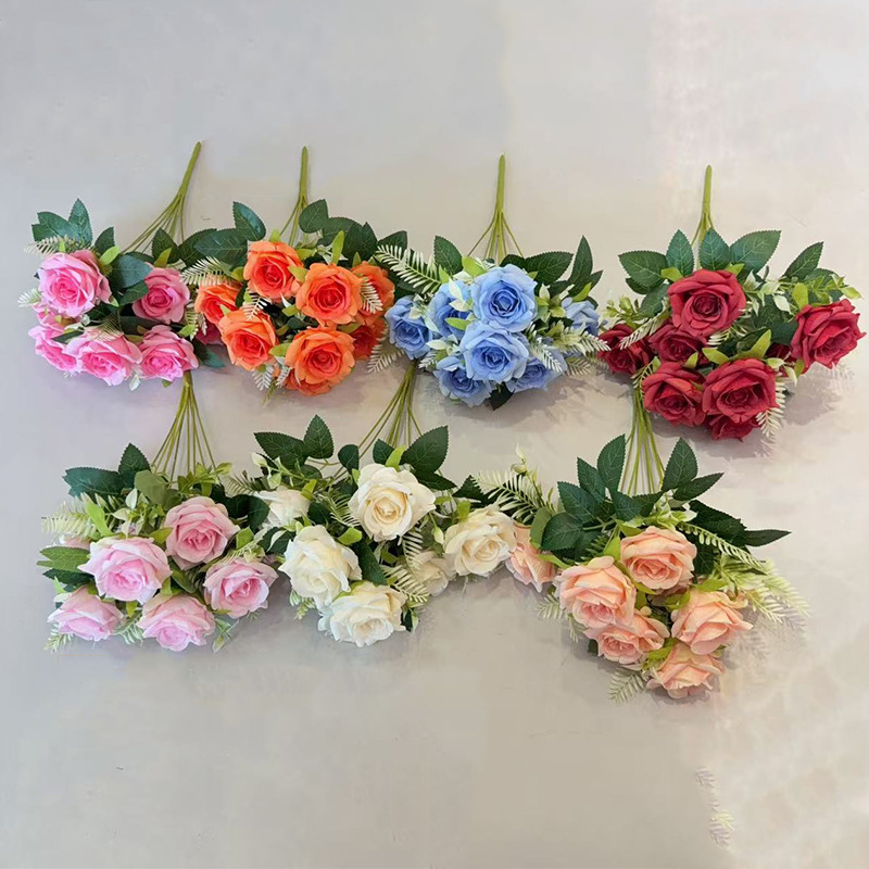 仿真9头迷你卷边玫瑰花束假花 家居装饰婚庆布置手捧花束摆件批发