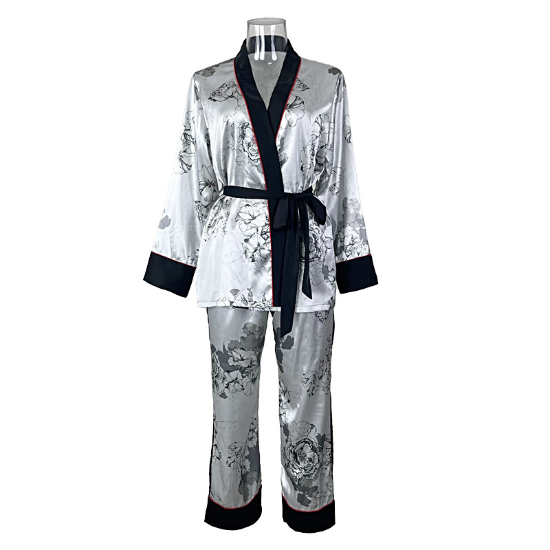Feiyun's new home satin pajamas, women's long-sleeved home wear, small halter nightdress 3-piece set, Ice Silk Lady 527 Item Picture
