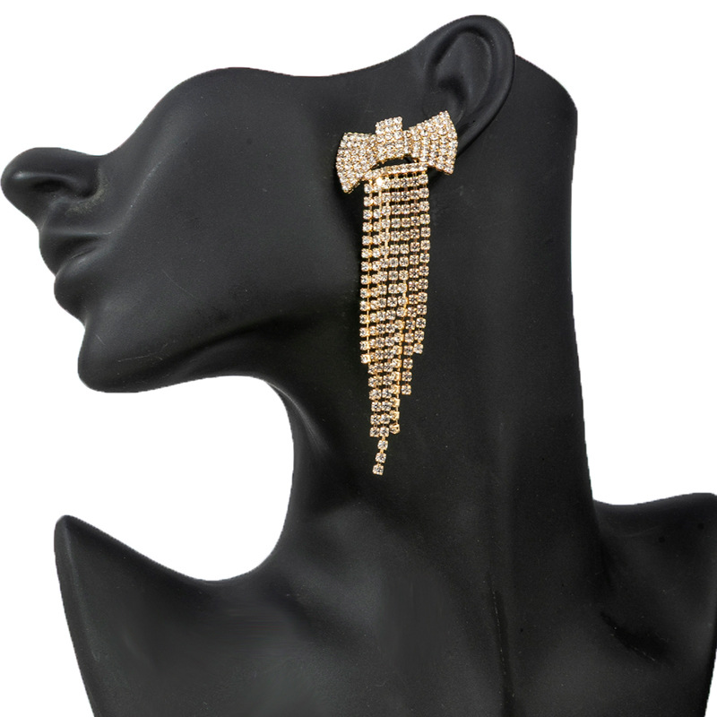 Cross-border Korean version elegant and stylish bow tassel rhinestone earrings, European and American fashion light luxury banquet full rhinestone earrings full figure