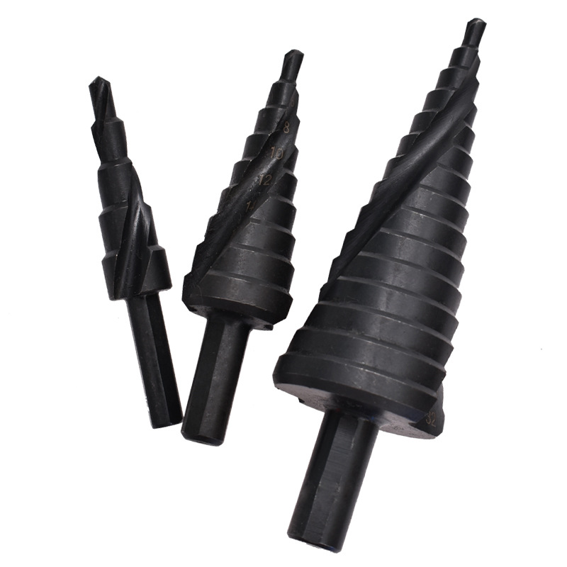 Cross-border spiral tower drill bit drilling, black nitrided step drill bit set wholesale, triangular handle reaming tool Specification drawing