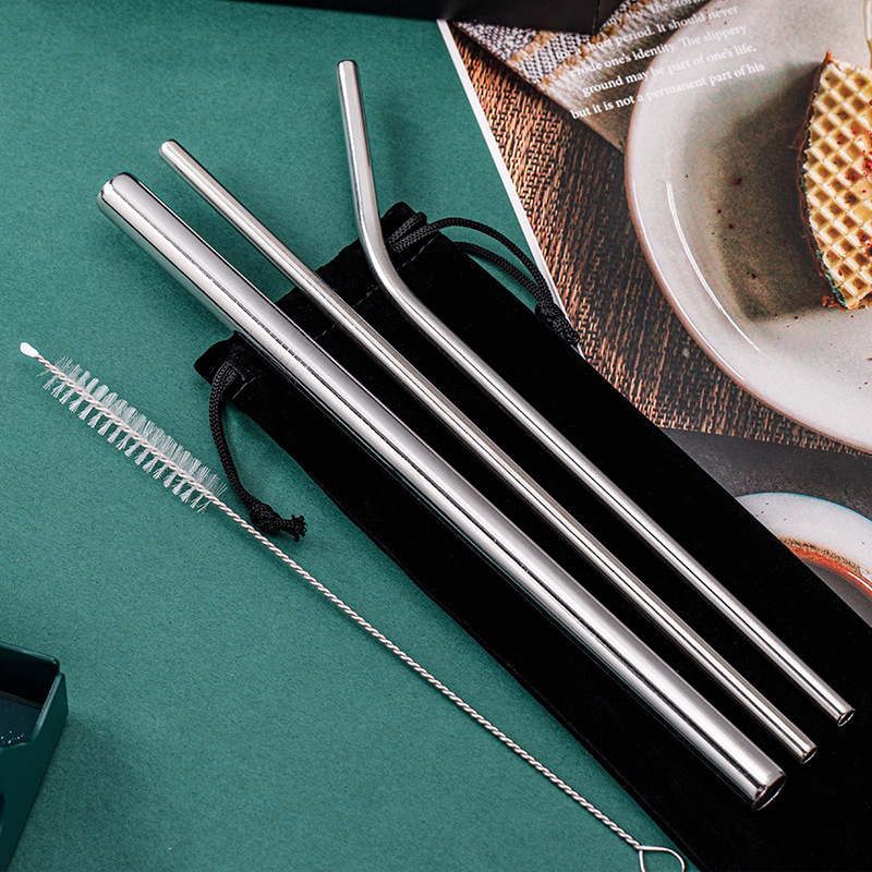 Cross-border 304 stainless steel straw set, creative metal straight tubes, beverage and coffee food-grade straws, factory direct supply