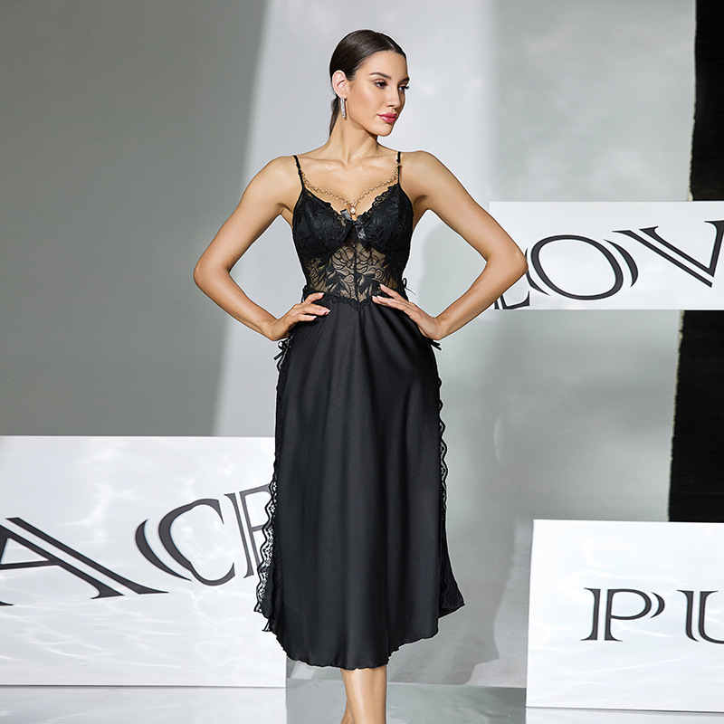 Amazon lace patchwork satin halter nightgown with built-in detachable chest pad, no need to wear underwear, high slit long dress 979 details Picture