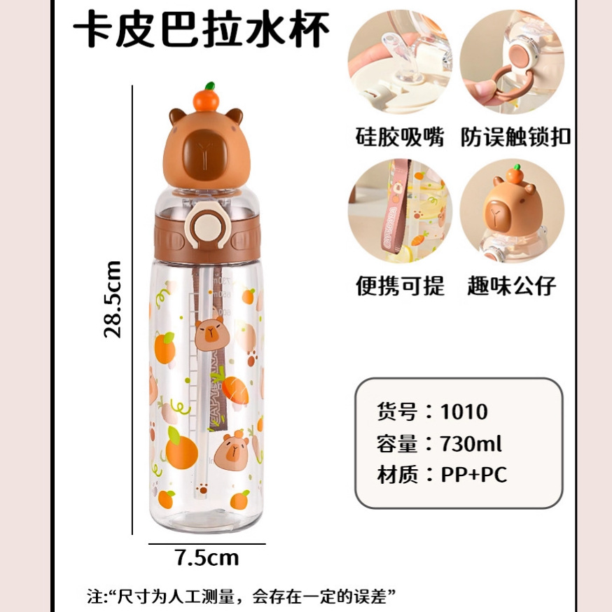 Capibara cartoon doll water cup, children's straw cup, summer outdoor portable sports water bottle, plastic water cup Specification image