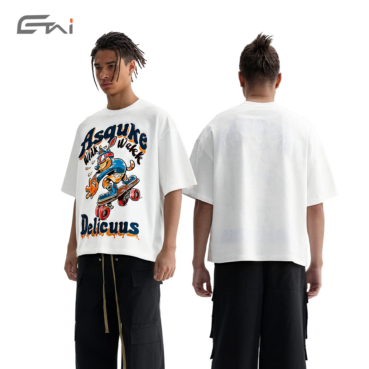 Fashionable printed T-shirt, white short-sleeved, cartoon duck, skateboard pattern and text, custom advertising clothes for men and women Application Scenario