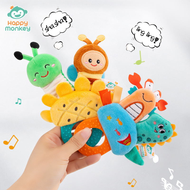 Happy monkey Animal Finger Puppet toy Baby Grasping Training rattle with baby teething ring bite Fun Specification image