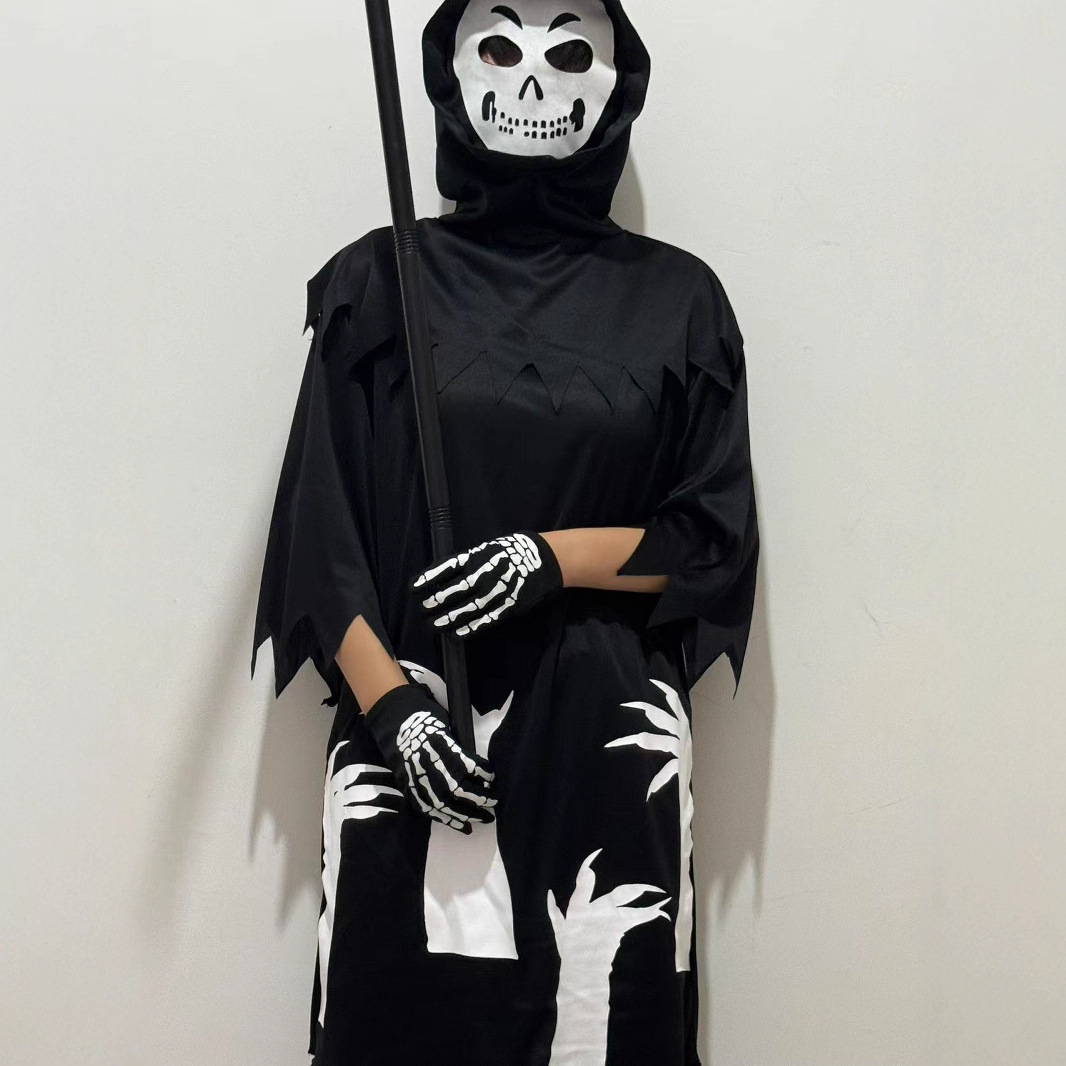 欧美跨境万圣节儿童派对cosplay服装黑袍死神装扮骷髅架角色扮演细节图