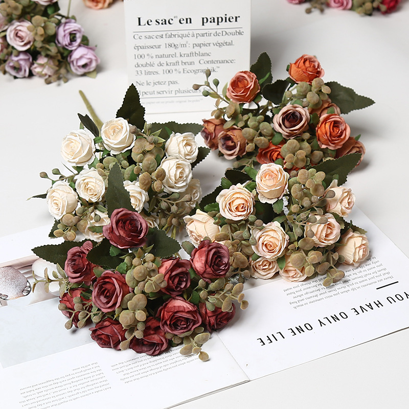 仿真花10头小乔玫瑰绢花家具装饰批发婚礼拍摄道具室内布置假花产品图