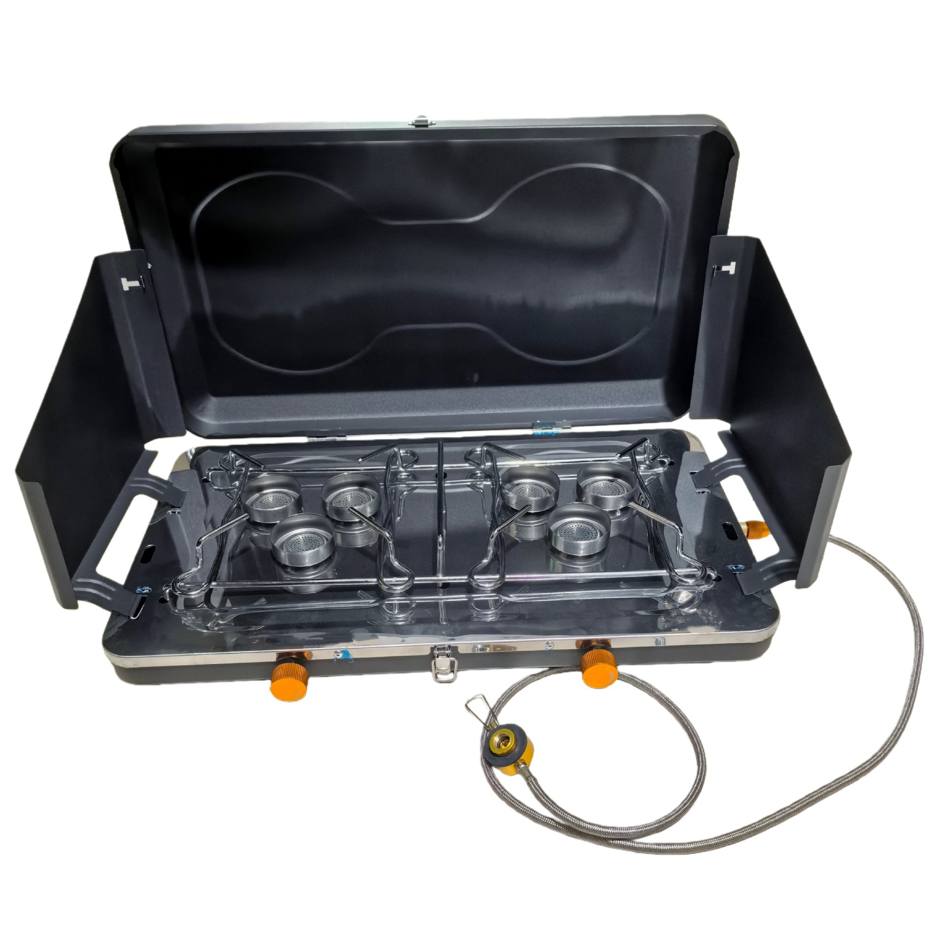 Factory direct sales of outdoor portable folding double-burner gas stove, camping and picnic windproof stove, gas stove with barbecue grill Application Scenario