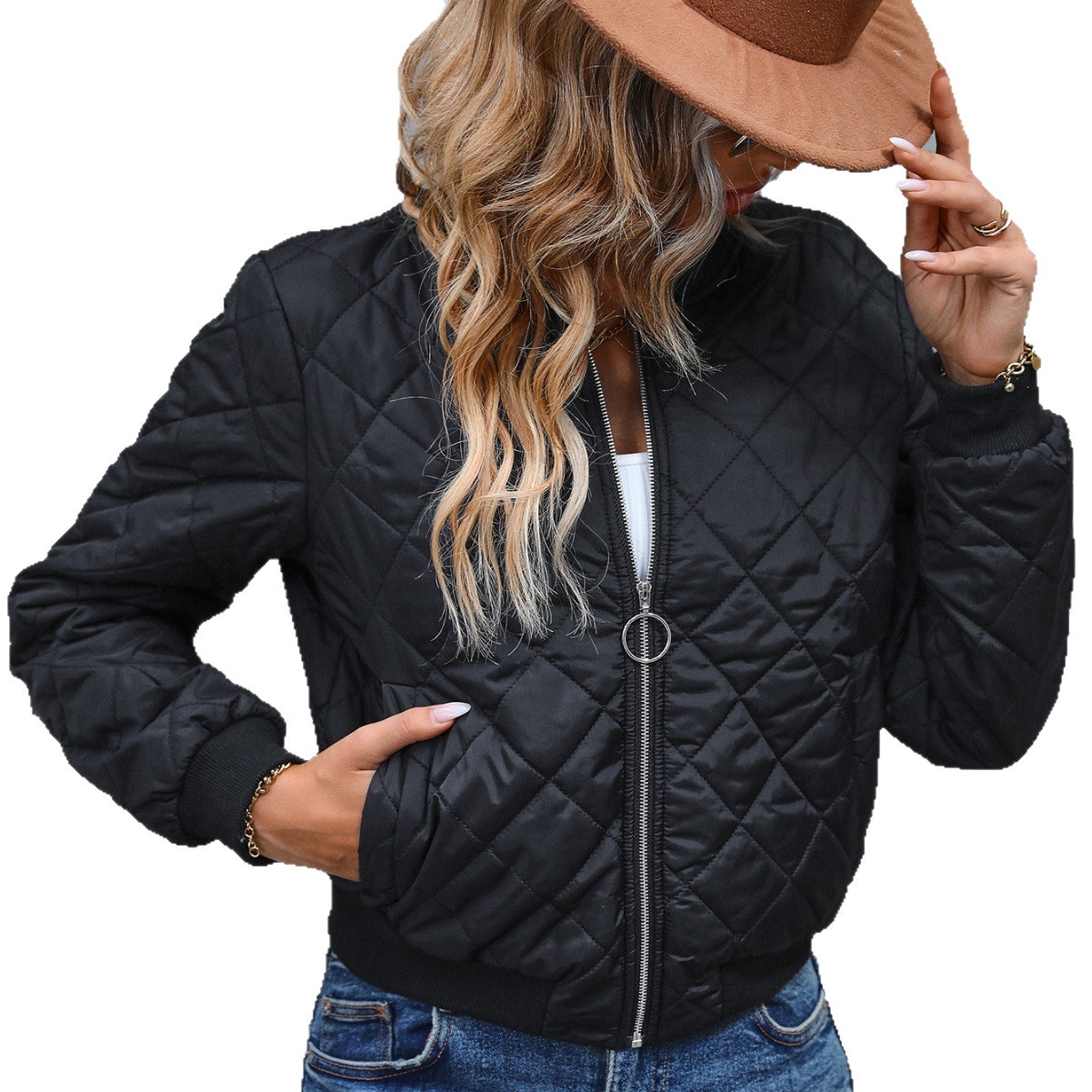 Amazon cross-border women's 7-color cotton-padded short jacket for spring and autumn, new stand-up collar quilted diamond-shaped checkered light coat Item Picture